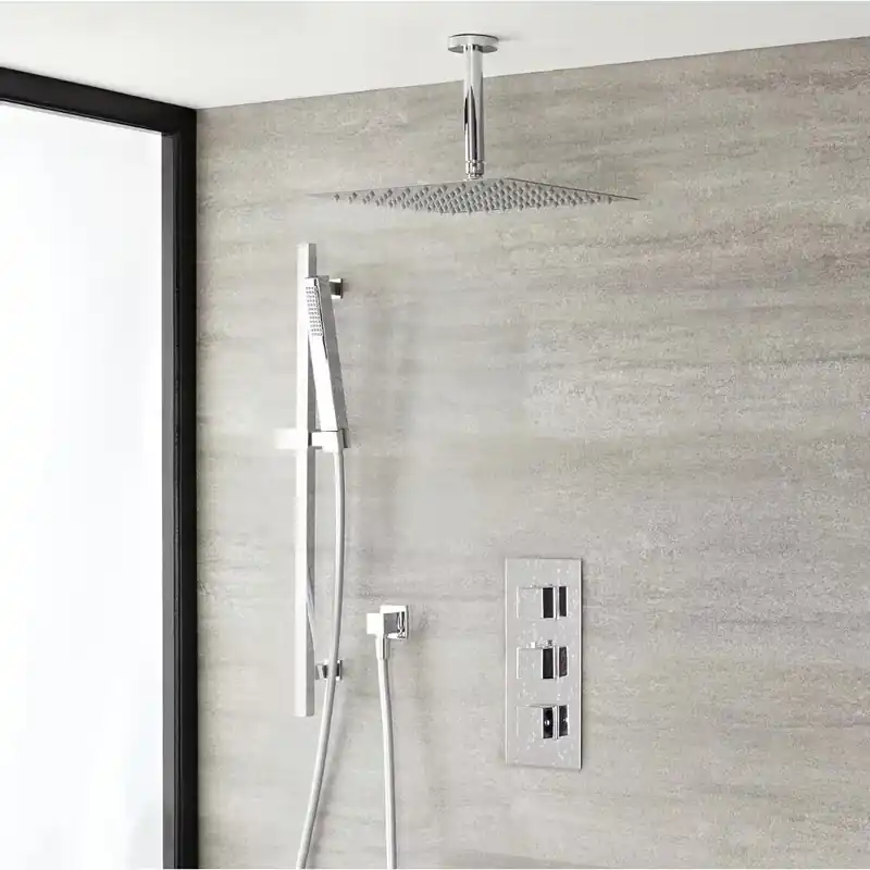 Professionale Sistema Doccia con Miscelatore Termostatico con Deviatore, Soffione a Soffitto da 300mm e Asta Saliscendi con Doccetta (2 Vie) - Cromato - Kubix