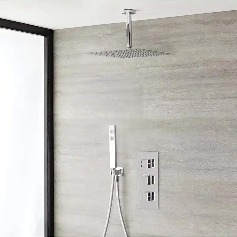 Novità Sistema Doccia con Miscelatore Termostatico, Soffione a Soffitto e Doccetta (2 Vie) - Cromato - Kubix