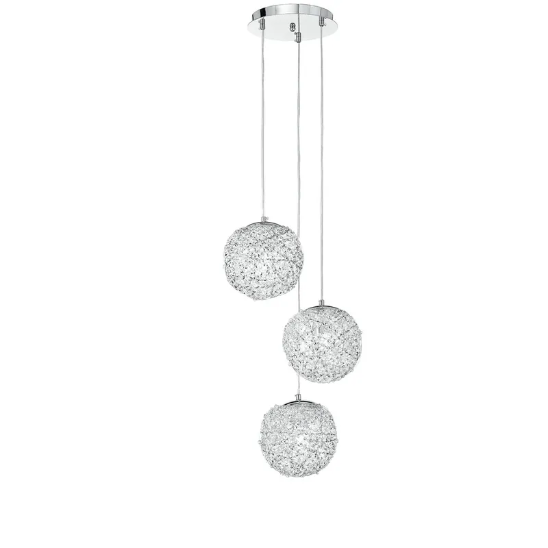Lampadario a 3 Sospensione Sferiche Intreccio Fili Alluminio Cistalli Moderno E27 Nuovo Arrivo