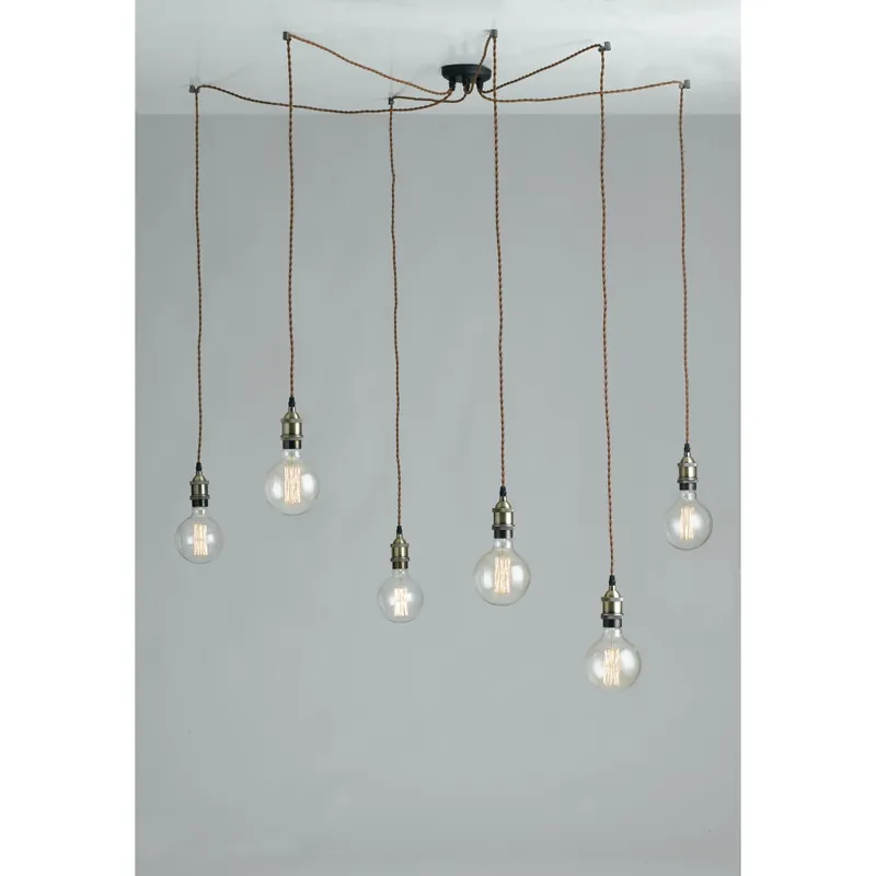 Lampadario 6 Sospensione Cavo in Tessuto Alluminio Rustico Vintage E27 Promo Stagionale