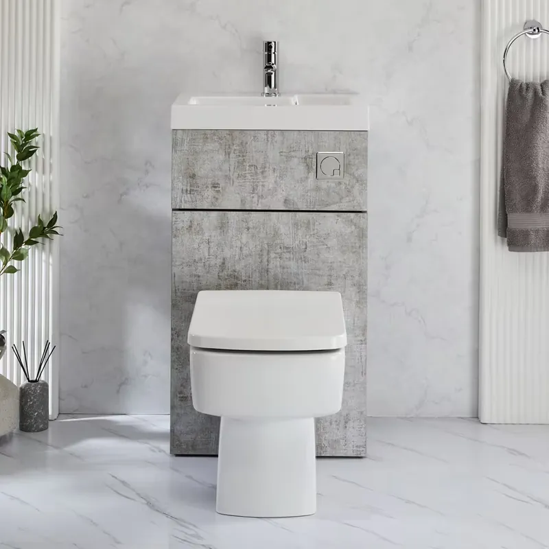 Promozione Esclusiva Set Bagno Moderno Completo di Sanitario Exton e Lavabo - Grigio Cemento - 500mm x 890mm - Pulsante di Scarico Cromato - Cluo