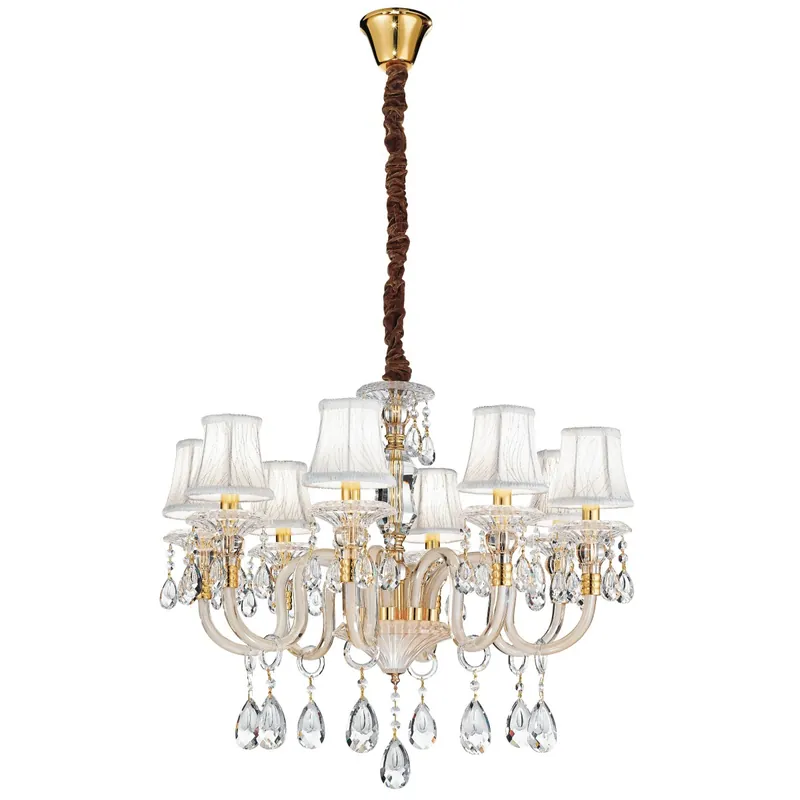 Nuova Collezione Lampadario Barocco Gocce Cristallo k9 Finitura Oro paralumi Tessuto Decorato Classico E14