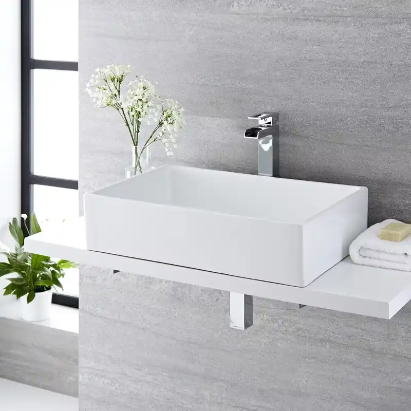 Lavabo da Appoggio Rettangolare Moderno - Bianco - 600 mm x 390 mm (senza Fori per Rubinetteria) - Haldon Ultime Pezzi
