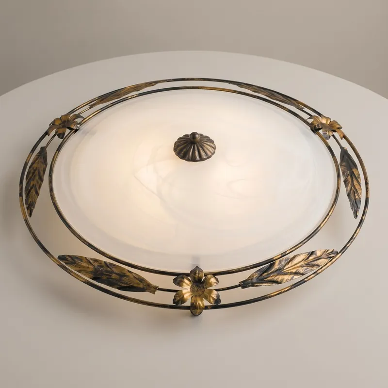 Prezzo Ridotto Plafoniera Classica tonda in Vetro Bianco Cornice Metallo anticato Disponibile in 2 dimensioni 2X 3XE27