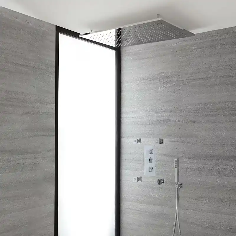 Promozione Esclusiva Kit Doccia Completo di Miscelatore Termostatico Incasso a Tre Vie con Soffione Doccia ad Incasso 800x500mm, 4 Idrogetti e Doccetta