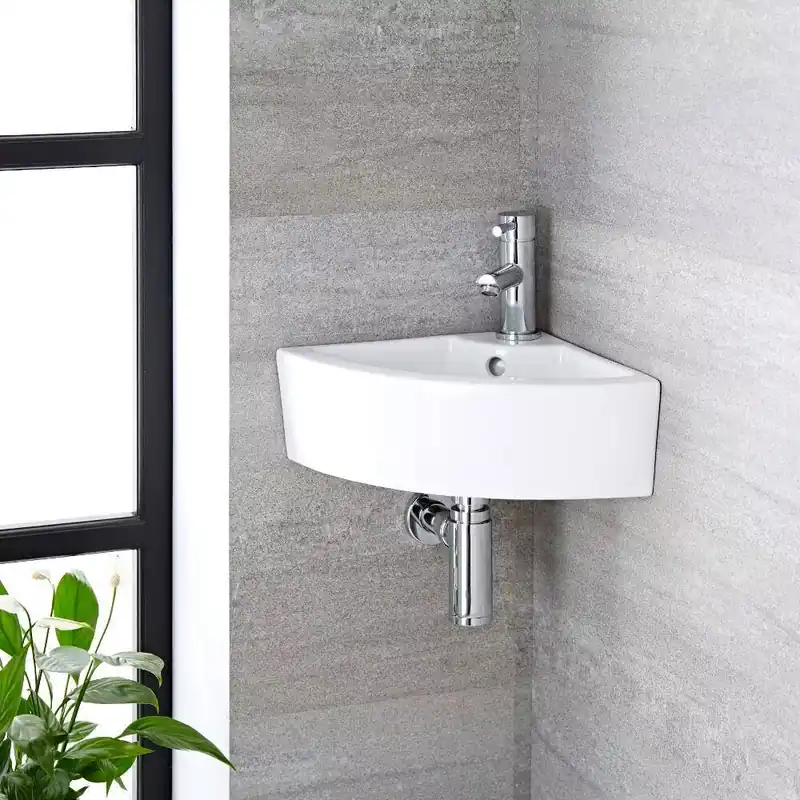Lavabo Bagno Sospeso in Ceramica Angolare 460x320mm con Rubinetto Monoforo - Belstone Popolare