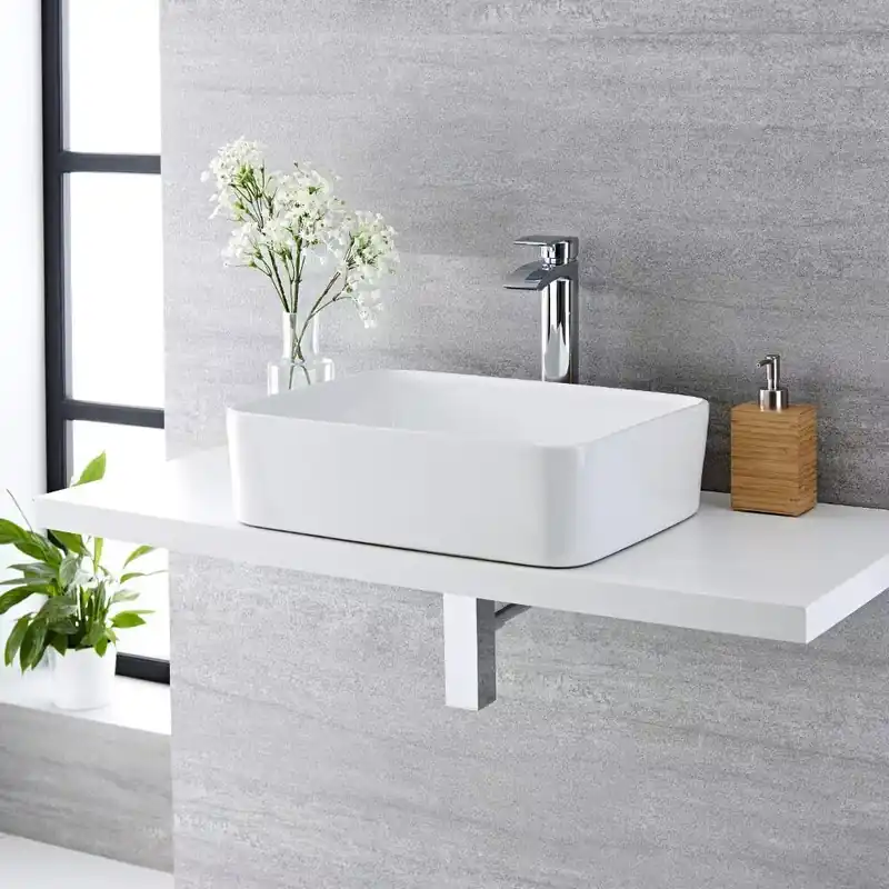 Lavabo Bagno da Appoggio Rettangolare in Ceramica 480x370mm con Rubinetto Miscelatore Alto - Alswear Sconto