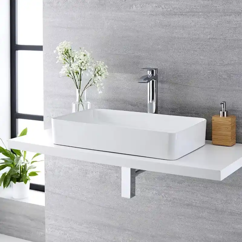 Lavabo Bagno da Appoggio Rettangolare in Ceramica 640x350mm Completo di Rubinetto Alto - Alswear Affare