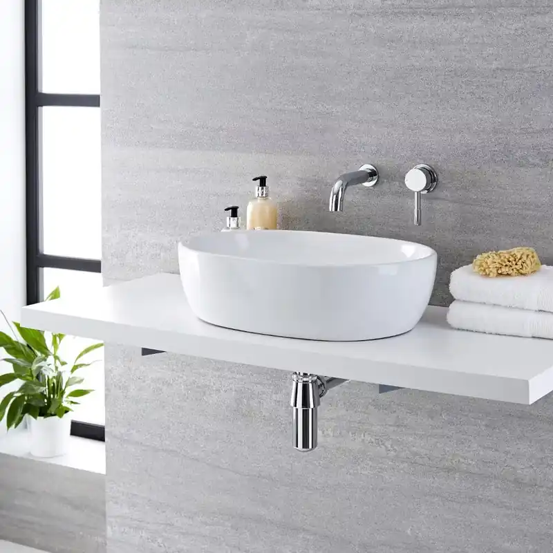 Lavabo Bagno da Appoggio in ceramica Ovale 480x350mm con Rubinetto Miscelatore Murale - Otterton Direttamente Dal Produttore