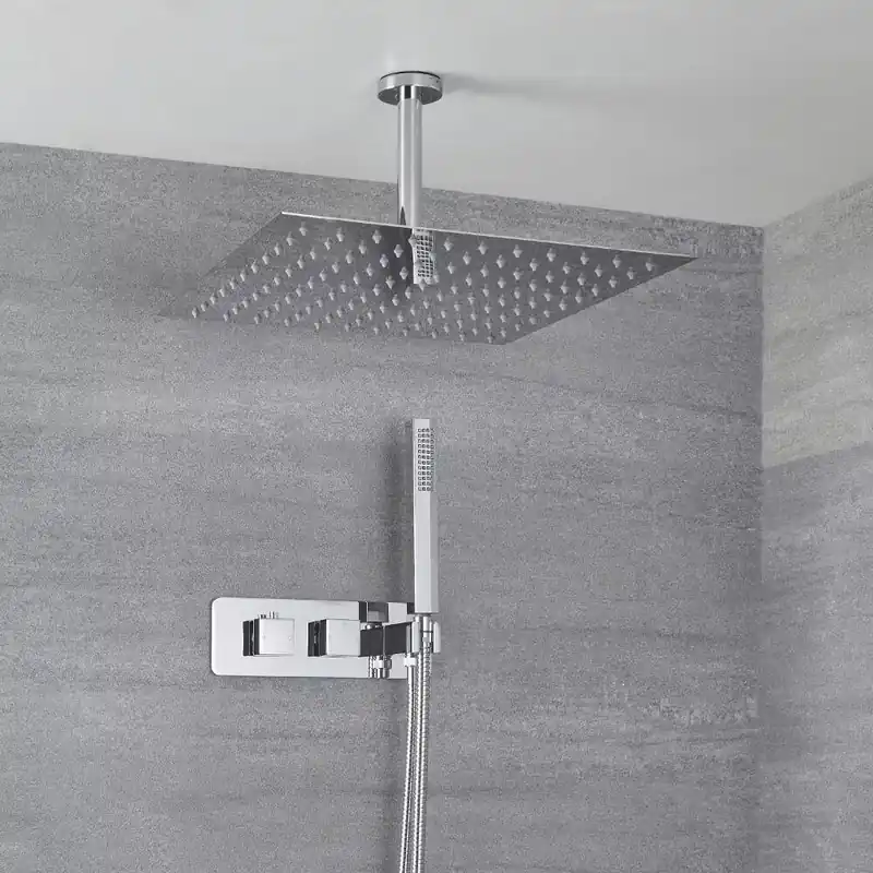 Nuova Collezione Miscelatore Doccia Incasso Quadrato a 2 Vie con Deviatore Integrato con Soffione Doccia 400mm, Braccio a Soffitto e Doccetta - Arvo
