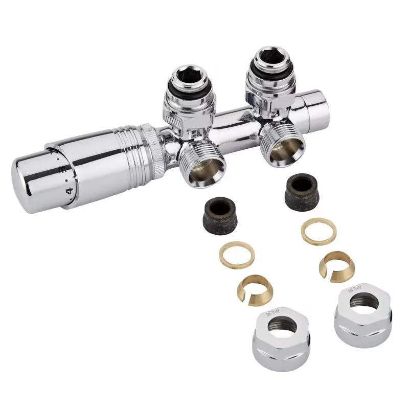 Valvole a Squadra per Radiatori e Scaldasalviette con Attacco Centrale Complete di Testa Termostatica Cromata e Adattatori per Raccordi 14mm per Tubi in Rame - Multiblock H Vendita Finale