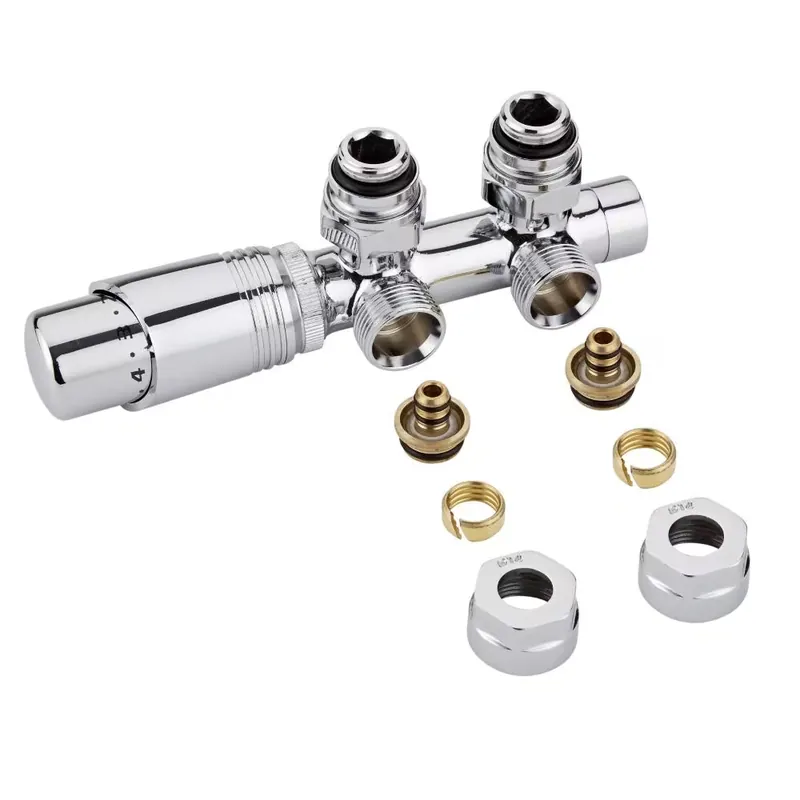 Subito Disponibile Valvole a Squadra per Radiatori e Scaldasalviette con Attacco Centrale Complete di Testa Termostatica Cromata e Adattatori per Raccordi Pex o Multistrato 14mm – Multiblock H