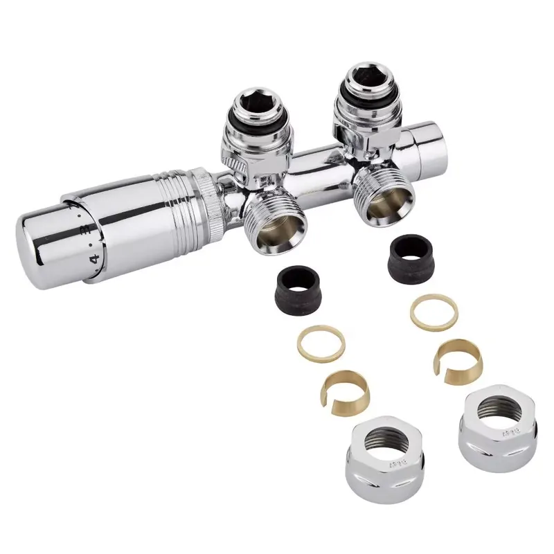 Popolare Valvole a Squadra per Radiatori e Scaldasalviette con Testa Termostatica Cromata e Adattatori per Raccordi 16mm per Tubi in Rame - Multiblock H