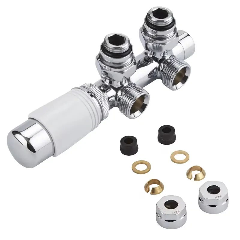 Valvole a Squadra per Radiatori e Scaldasalviette per Attacco Centrale Complete di Testa Termostatica Cromata con Bianco e Adattatori per Raccordi 12mm per Tubi in Rame - Multiblock H Compra Adesso