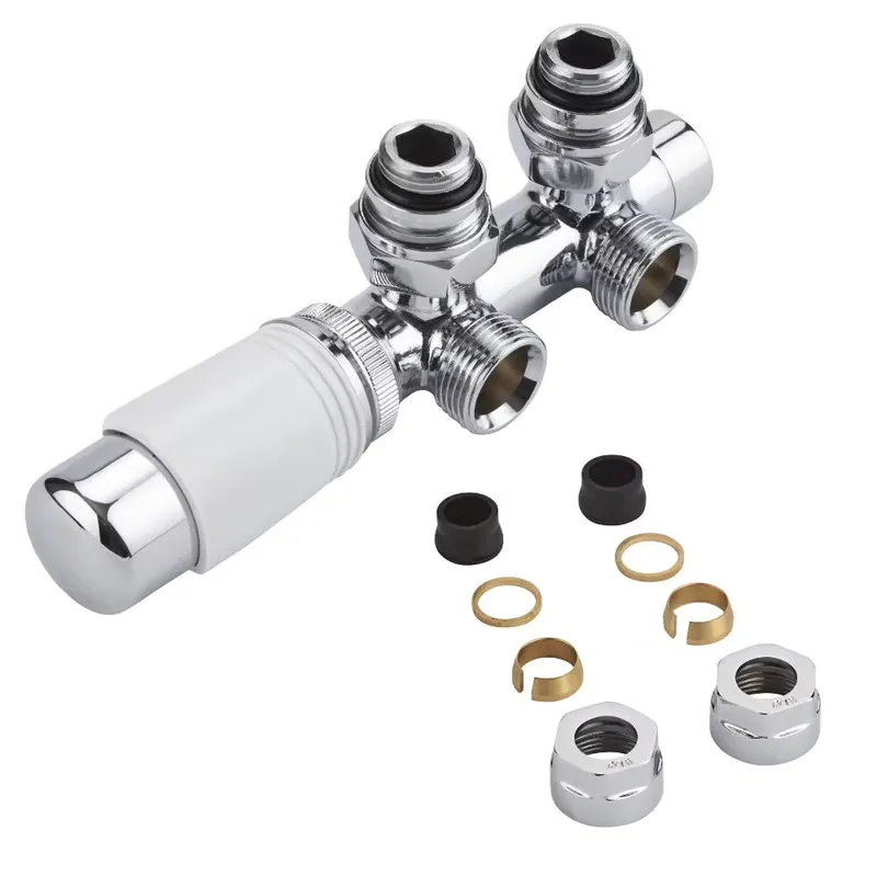 Valvole a Squadra per Radiatori e Scaldasalviette con Testa Termostatica Cromata con Bianco e Adattatori per Raccordi 16mm per Tubi in Rame - Multiblock H Nuova Collezione