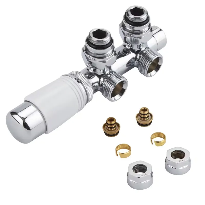 Valvole a Squadra per Radiatori e Scaldasalviette con Attacco Centrale con Testa Termostatica Bianca con Adattatore Multiplo per Raccordi Pex e Multistrato 16mm - Multiblock H Di Tendenza