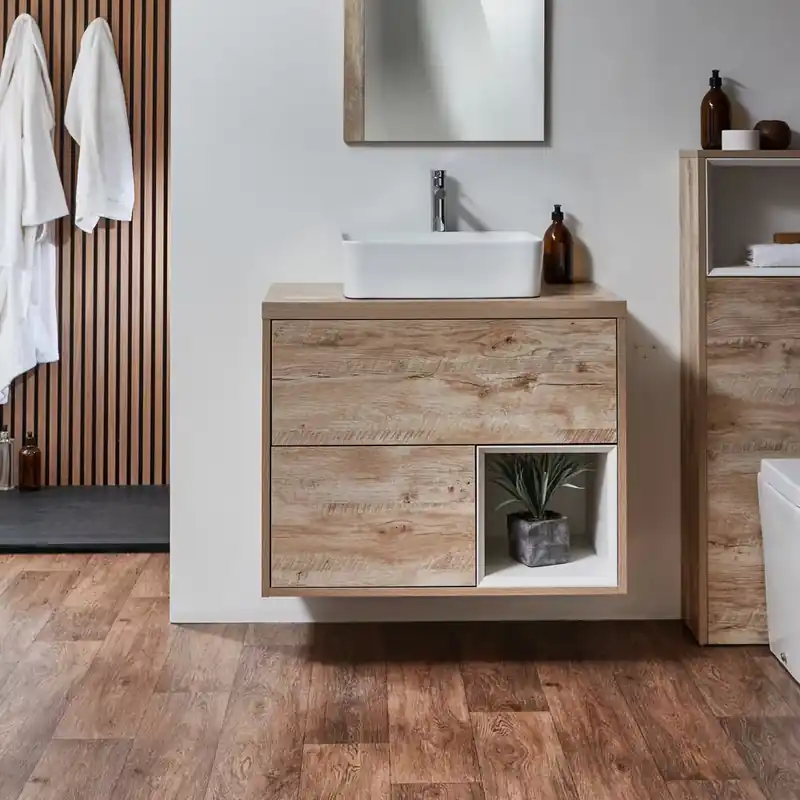 Mobile Bagno Sospeso con Ripiano Aperto da 800mm con Lavabo - Scelta di Finiture, Lavabo e Luci LED - Hoxton Sconto