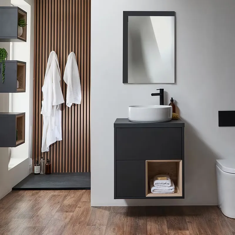 Popolare Mobile Bagno Sospeso con Ripiano Aperto da 600mm - Scelta di Finiture, Lavabo e Luci LED - Hoxton