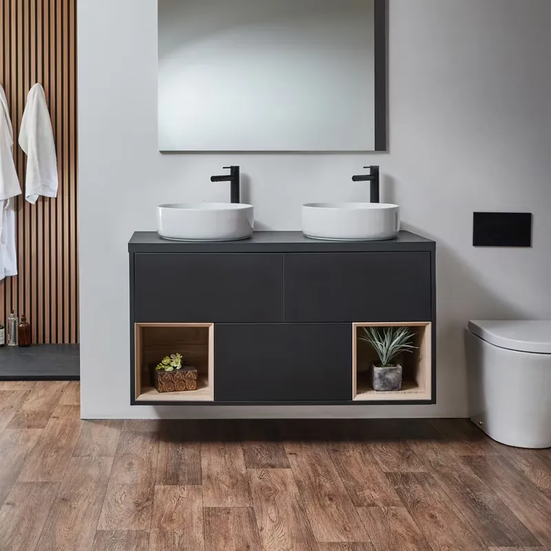Mobile Bagno Sospeso con Ripiano Aperto da 1200mm - Scelta di Finiture, Lavabo e Luci LED - Hoxton Bestseller