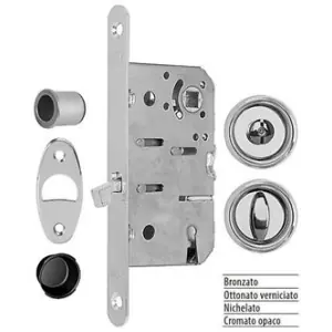 Serratura AGB modello SCIVOLA T kit A entrata 50mm frontale 16x168mm bordo tondo con serratura, con rosetta tonda e con pomolo/bottone per porta in acciaio finitura ottonato verniciato Consegna Rapida