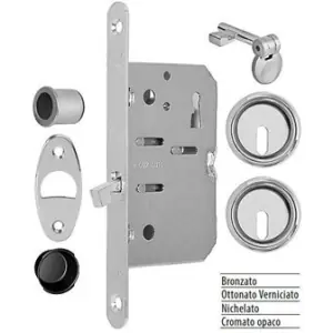 Serratura AGB modello SCIVOLA T kit M entrata 50mm frontale 16x168mm bordo tondo con serratura, con rosetta tonda e con chiave per porta in acciaio finitura ottonato verniciato Prezzo Scontato