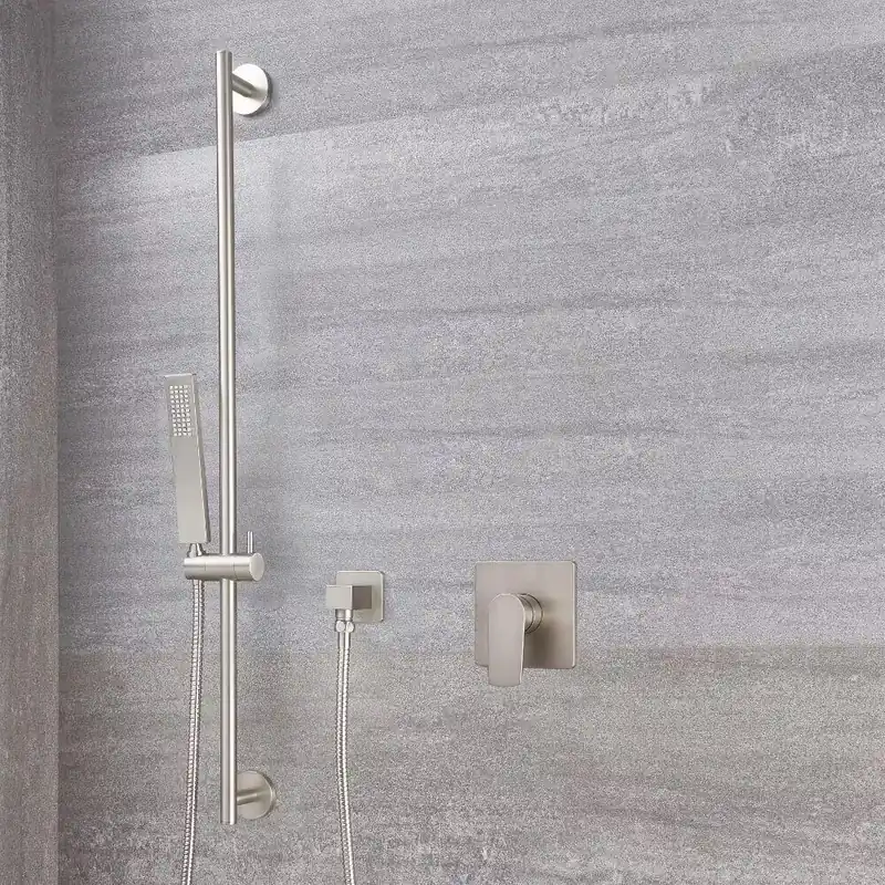 Novità Kit Doccia con Finitura in Nichel Spazzolato Completo di Miscelatore Doccia Manuale ad 1 Via con Asta Saliscendi Quadrata - Harting