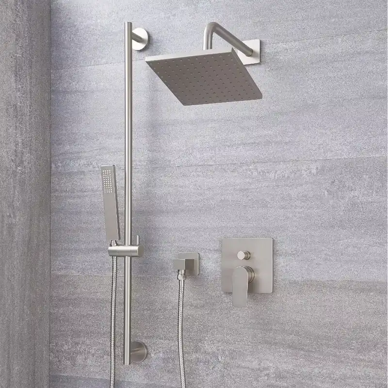 Kit Doccia con Finitura in Nichel Spazzolato Completo di Miscelatore Doccia Manuale a 2 Vie con Soffione Doccia Quadrato 200mm e Asta Saliscendi - Harting Compra Adesso