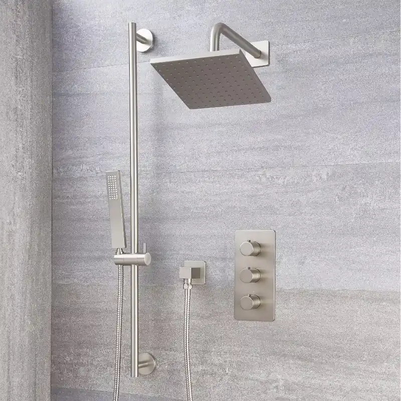Kit Doccia in Nichel Spazzolato Completo di Miscelatore Doccia Termostatico Triplo a 2 Vie con Deviatore, Soffione Doccia Quadrato 200mm e Asta Saliscendi con Doccetta - Harting A Buon Prezzo