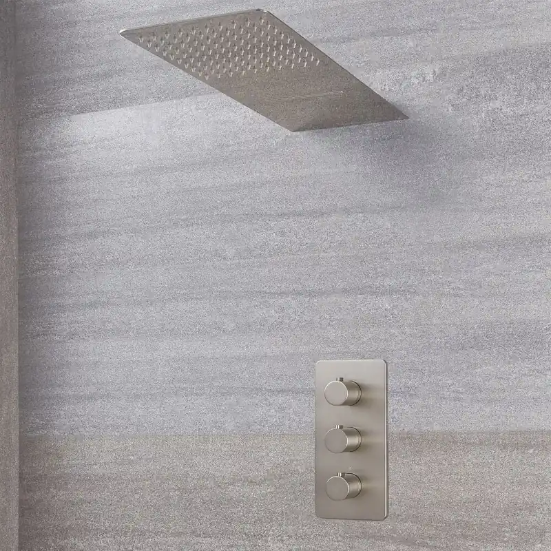 Offerta Lampo Kit Doccia in Nichel Spazzolato Completo di Miscelatore Doccia Termostatico Triplo a 2 Vie con Soffione Doccia a 2 Vie con Funzione a Pioggia e Cascata - Harting