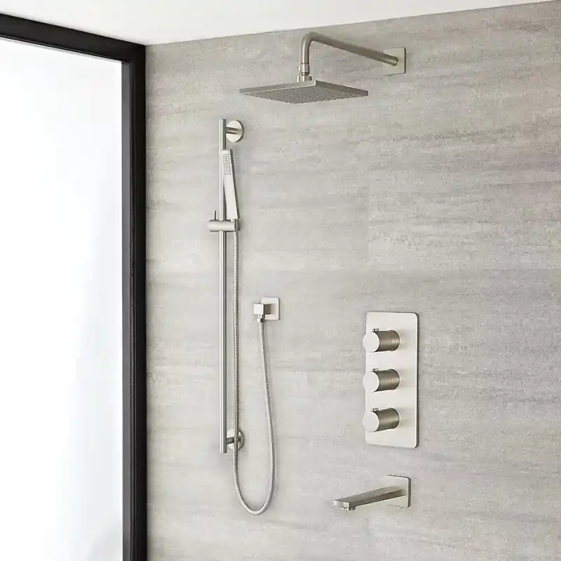 Kit Doccia In Nichel Spazzolato Completo di Miscelatore Doccia Termostatico Triplo a 3 Vie con Soffione Doccia Quadrato 200mm, Asta Saliscendi con Doccetta ed Erogatore per Vasca - Harting Pagamento Sicuro