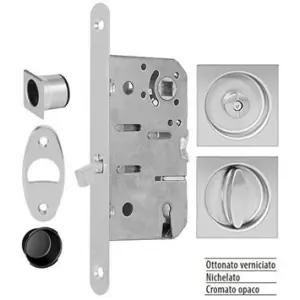Promozione Esclusiva Serratura AGB modello SCIVOLA T kit A entrata 50mm frontale 16x168mm bordo tondo con serratura, con rosetta quadra e con pomolo/bottone per porta in acciaio finitura cromato opaco