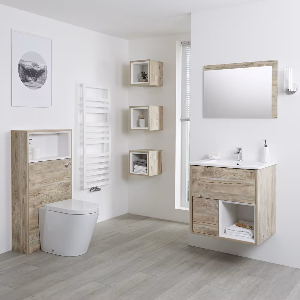 Mobile Bagno Sospeso da 600mm in Rovere Chiaro con Lavabo Integrato, Mobile WC, Sanitario, Mobiletti Murali e Specchio (con LED Opzionali) - Hoxton Spedizione Espresso