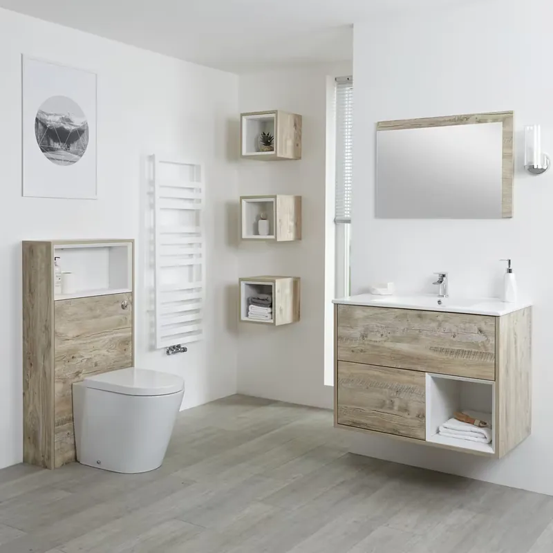 Compra Oggi Stesso Mobile Bagno Sospeso da 800mm in Rovere Chiaro con Lavabo Integrato, Mobile WC e Sanitario (con LED Opzionali) - Hoxton