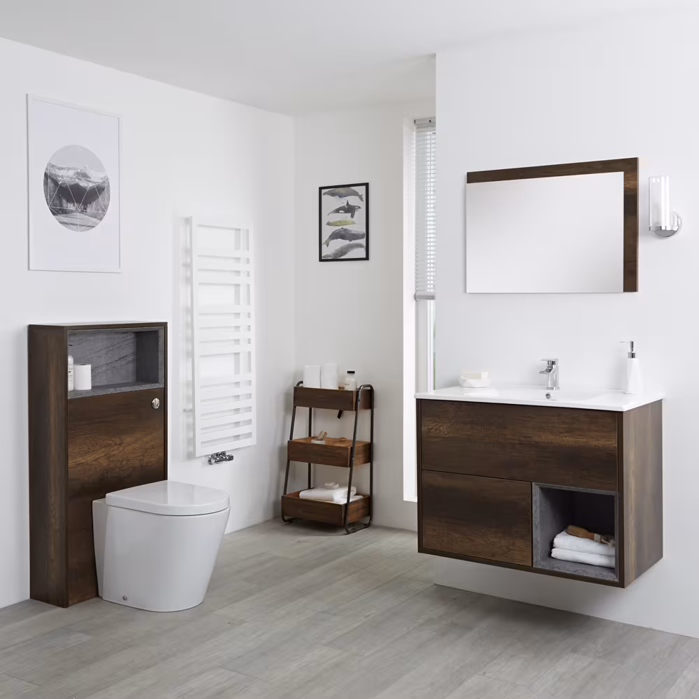Offerta Speciale Mobile Bagno Sospeso da 800mm in Rovere Scuro con Lavabo Integrato, Mobile WC e Sanitario (con LED Opzionali) - Hoxton