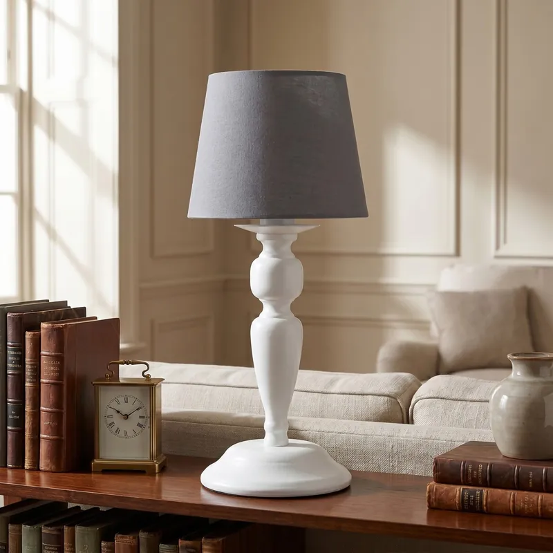 Lampada da Tavolo Classica Adatta per Salotto e Camera Bianca con paralume grigio E14 Offerta Del Giorno