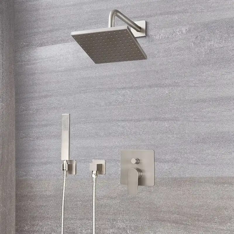 Offerta Lampo Kit Doccia Completo di Miscelatore Doccia Manuale a 2 Vie con Finitura in Nichel Spazzolato, Deviatore, Soffione Doccia Quadrato 200x200mm e Doccetta Quadrata - Harting