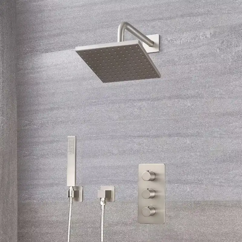 Pagamento Sicuro Kit Doccia Completo di Miscelatore Doccia Manuale Triplo a 2 Vie con Finitura in Nichel Spazzolato, Deviatore, 200mm x 200mm Soffione Doccia Quadrato e Doccetta - Harting