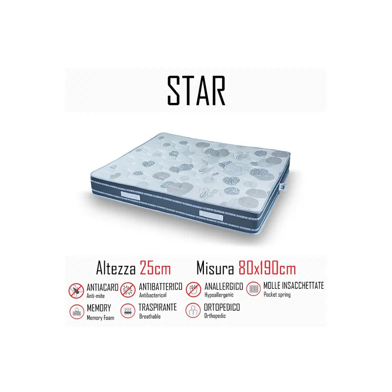 Materasso Star 80x190 a molle indipendenti e memory alto 25cm Miglior Prezzo