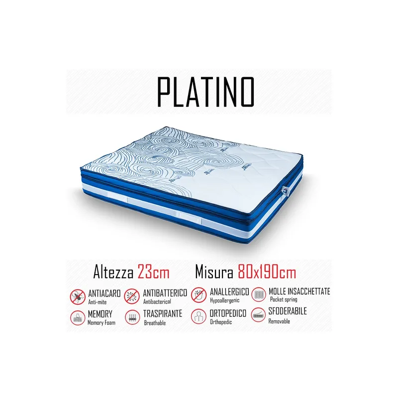 Vendita Finale Materasso Platino 80x190 a molle indipendenti e memory gel alto 23cm
