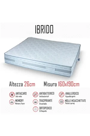 Prezzo Di Fabbrica Materasso Ibrido 160x190 a molle indipendenti e memory alto 26cm