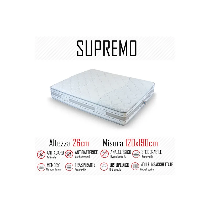 Materasso Supremo 120x190 a molle indipendenti e memory alto 26cm Prezzo Conveniente
