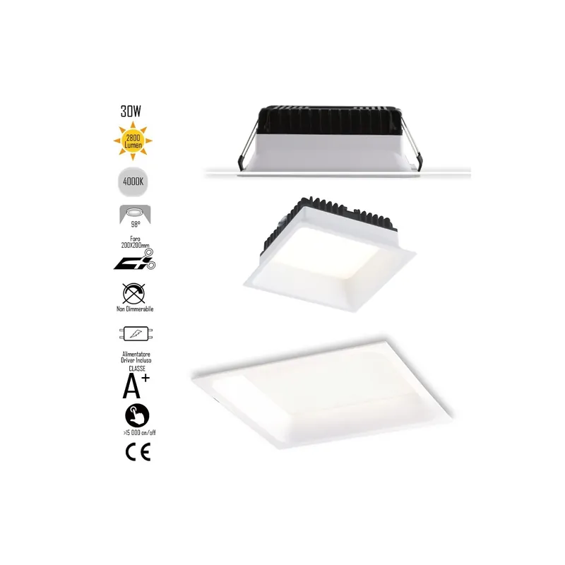 Lampada da incasso quadrata in alluminio bianca pressofuso con Led SMD integrato 4000K- 2800Lm30W Esclusivo