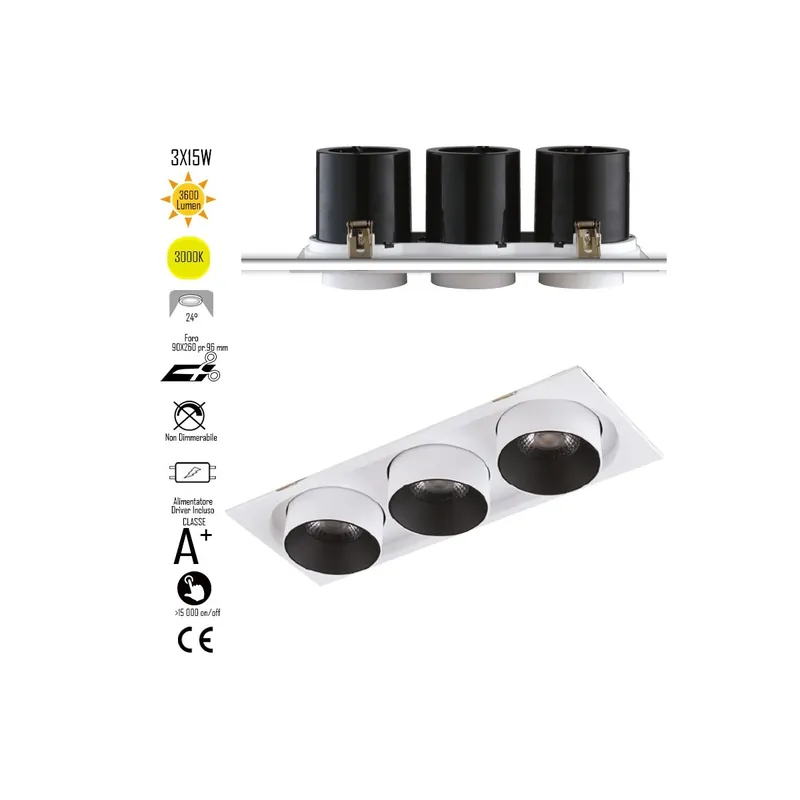 Spedito Oggi Lampada da incasso orientabile bianco e interno nero LED COB 3000K3x15W