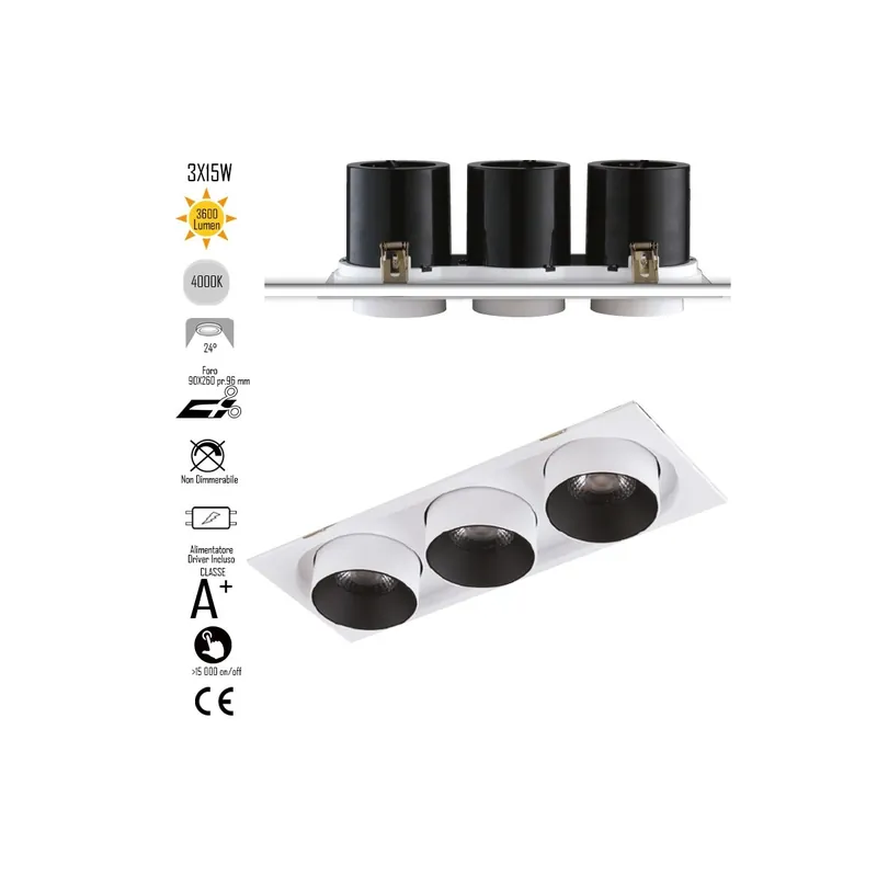 Lampada da incasso orientabile bianco e interno nero LED COB 4000K3x15W Miglior Prezzo