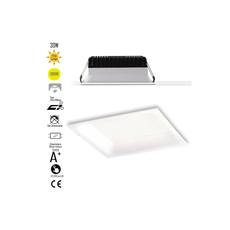 Ultima Occasione Lampada da incasso quadrata in alluminio bianca pressofuso con Led SMD integrato 3000K- 2700Lm30W