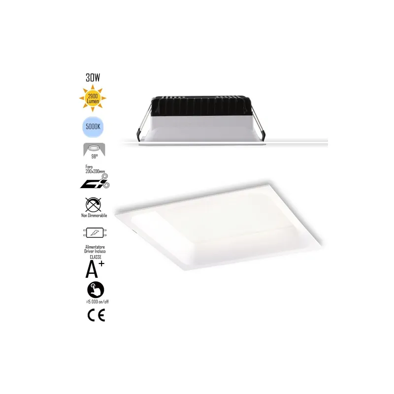 Affare Lampada da incasso quadrata in alluminio bianca pressofuso con Led SMD integrato 5000K- 2900Lm30W