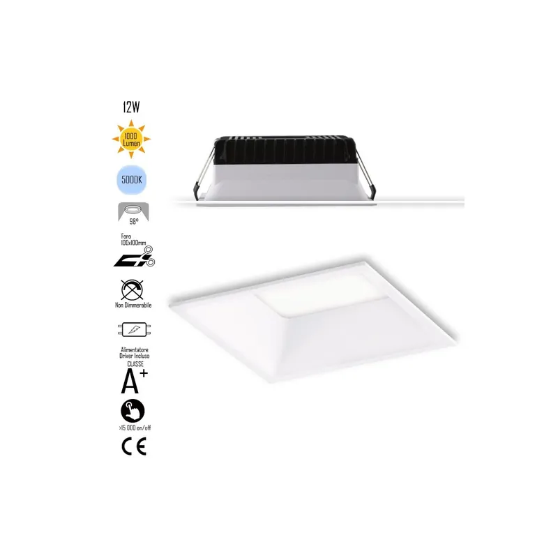Acquista Ora Lampada da incasso quadrata in alluminio bianca pressofuso con Led SMD integrato 5000K- 1000Lm12W