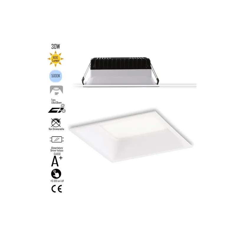 Lampada da incasso quadrata in alluminio bianca pressofuso con Led SMD integrato 5000K- 1600Lm18W Saldi