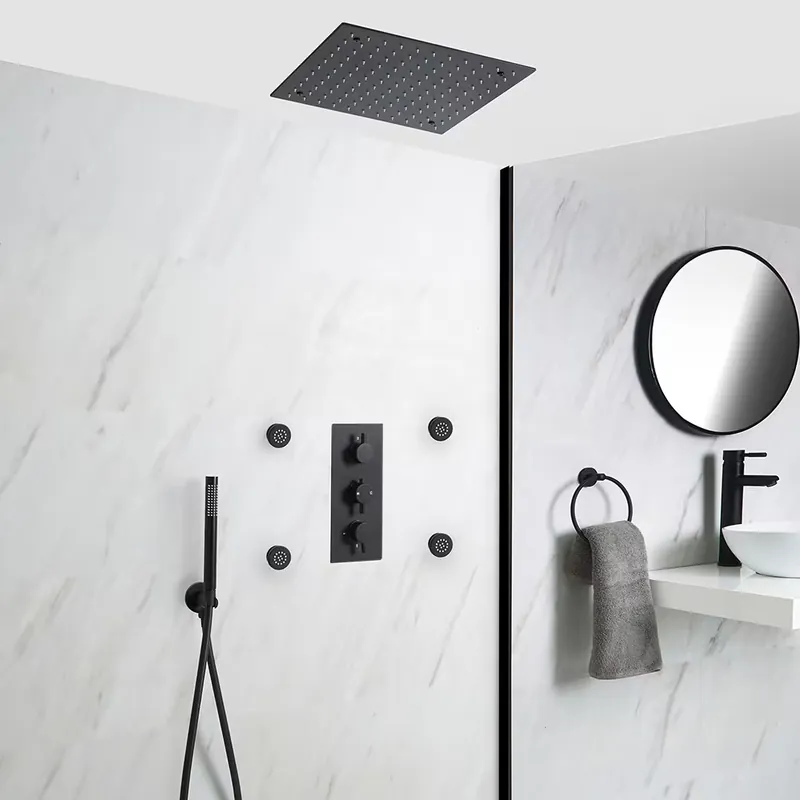 Miscelatore Doccia Termostatico Incasso a 3 Vie con Soffione Doccia Incasso a Soffitto 400mm, 4 Idrogetti e Doccetta - Nox Vendita Finale