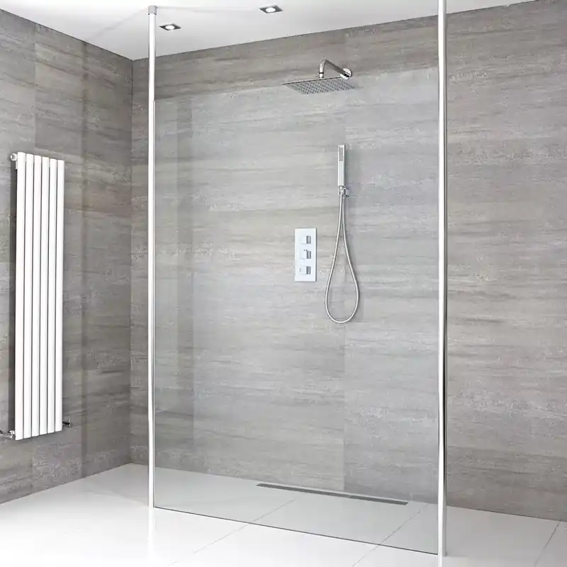 Kit Doccia Walk-In Completo di Parete Doccia Fissa Centrale Aperta e Opzione fra Diverse Canalette e Pareti – Sera Direttamente Dal Produttore